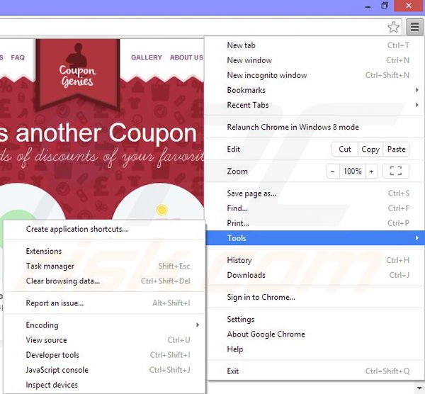 Removing CouponGenies ads from Google Chrome step 1