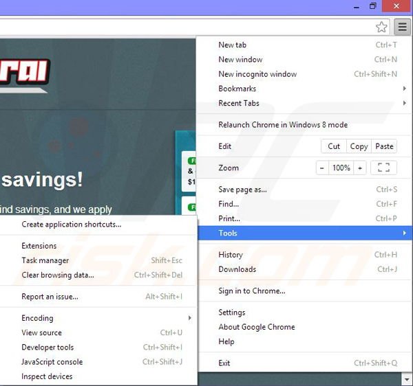 Removing Coupon-Samurai ads from Google Chrome step 1