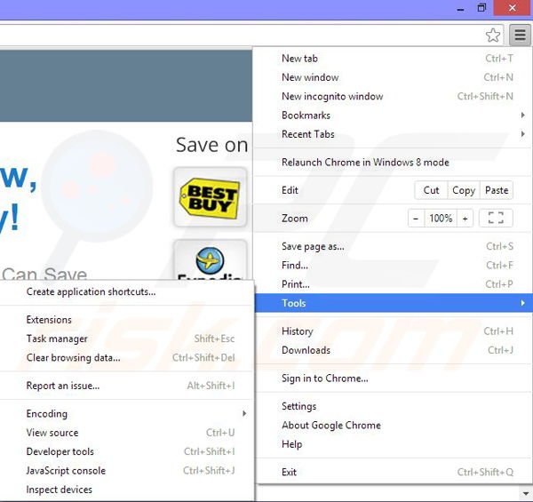 Removing Coupon ads from Google Chrome step 1