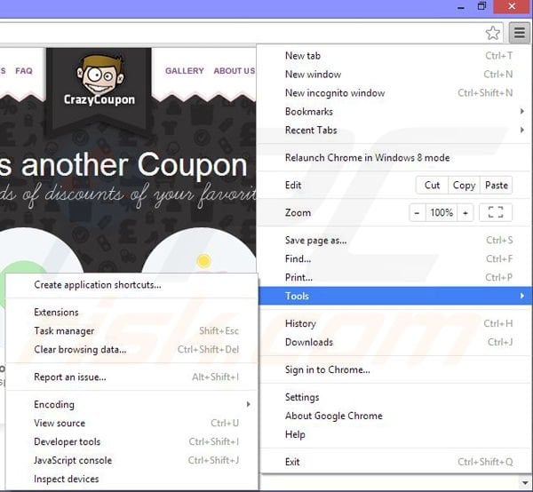 Removing CrazyCoupon ads from Google Chrome step 1