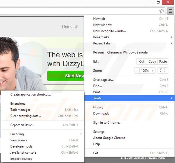Removing DizzyDing from Google Chrome step 1