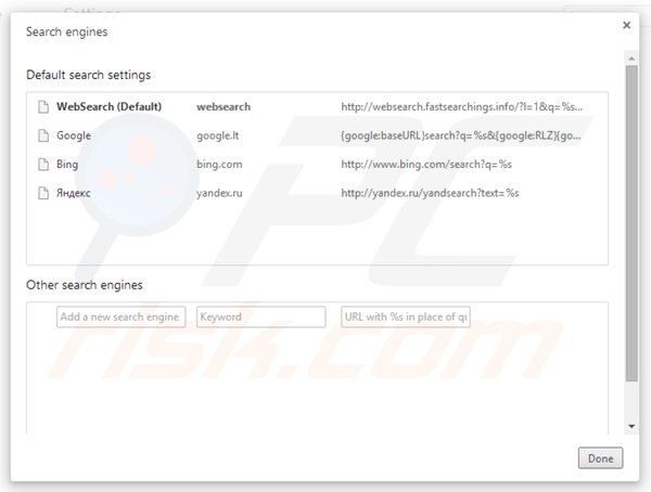 Removing websearch.fastsearchings.info from Google Chrome default search engine