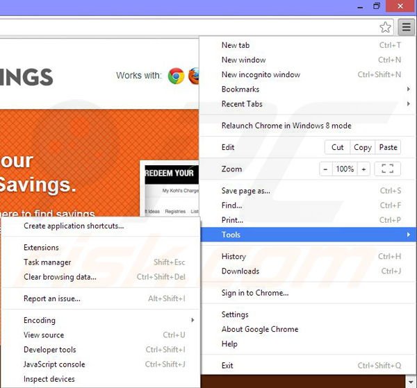 Removing Gigantic-Savings ads from Google Chrome step 1