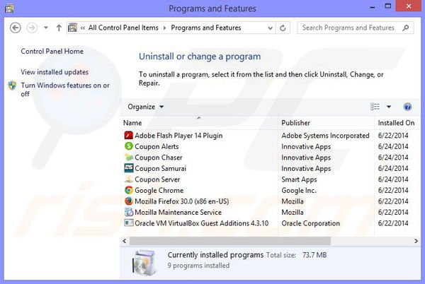 Harvest Savings adware uninstall via Control Panel