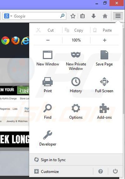 Removing Lightning-Savings ads from Mozilla Firefox step 1