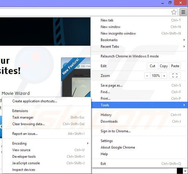 Removing Movie Wizard from Google Chrome step 1
