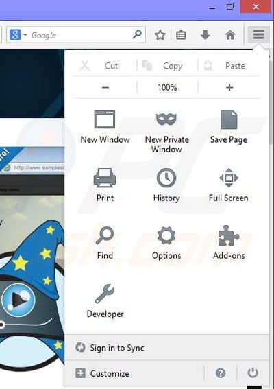 Removing Movie Wizard from Mozilla Firefox step 1