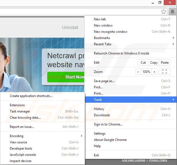 Removing NetCrawl from Google Chrome step 1