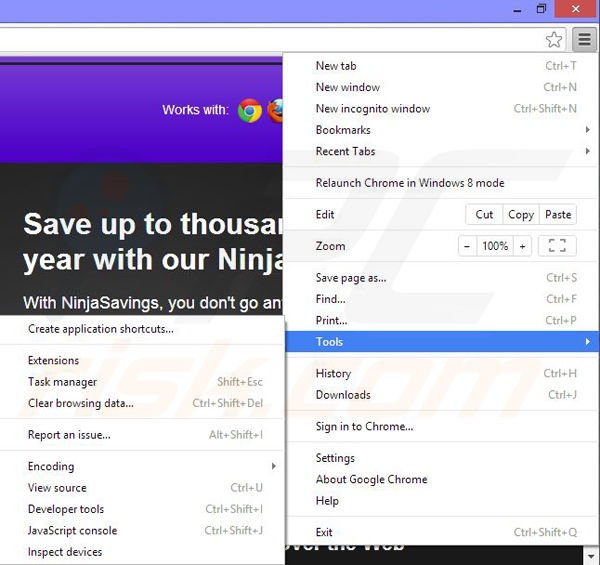 Removing NinjaSavings ads from Google Chrome step 1