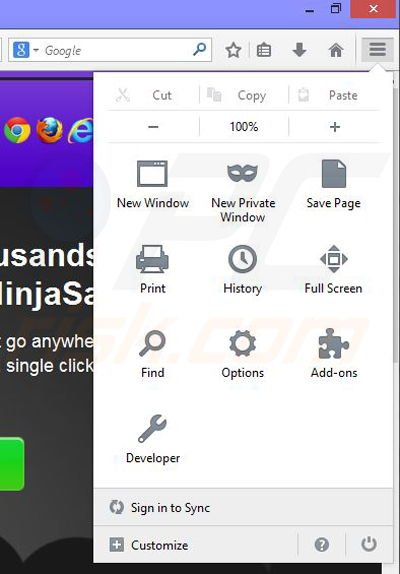 Removing NinjaSavings ads from Mozilla Firefox step 1