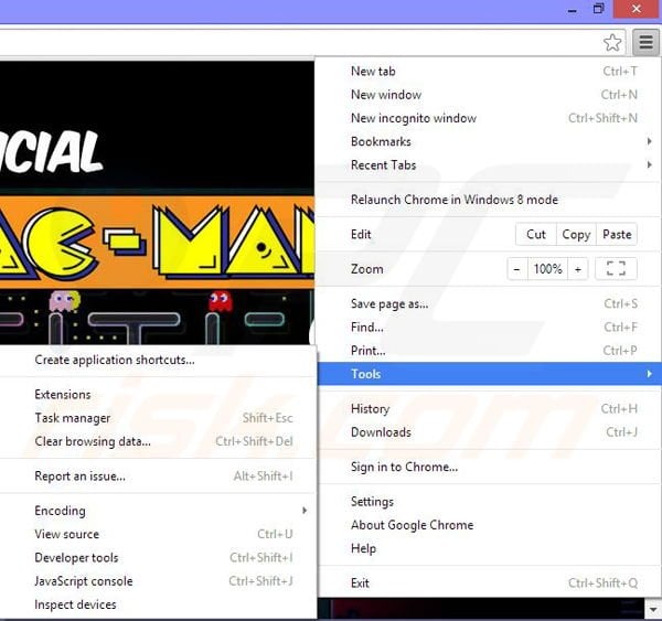 Removing Pac-Man from Google Chrome step 1