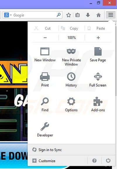 Removing Pac-Man from Mozilla Firefox step 1