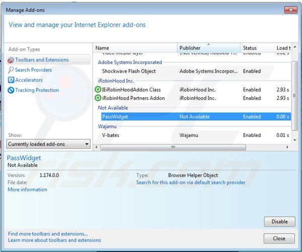 Removing passwidget from Internet Explorer step 2