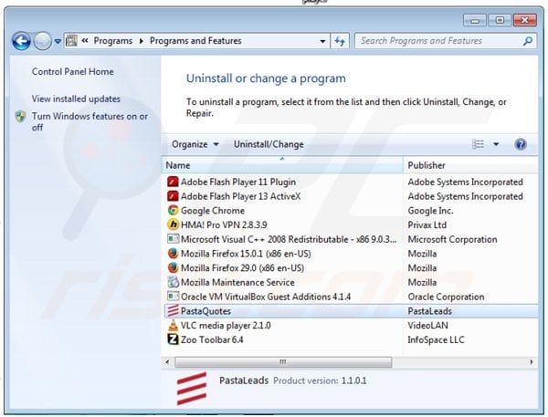 pastaquotes adware uninstall via Control Panel