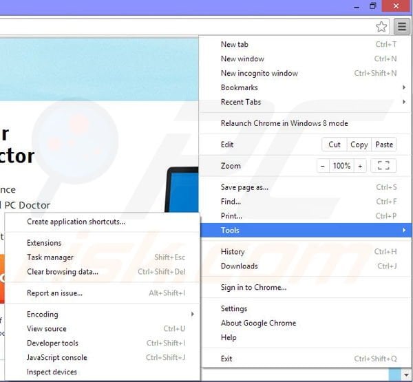 Removing PC Doctor from Google Chrome step 1