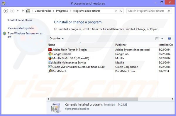 PriceDetect adware uninstall via Control Panel