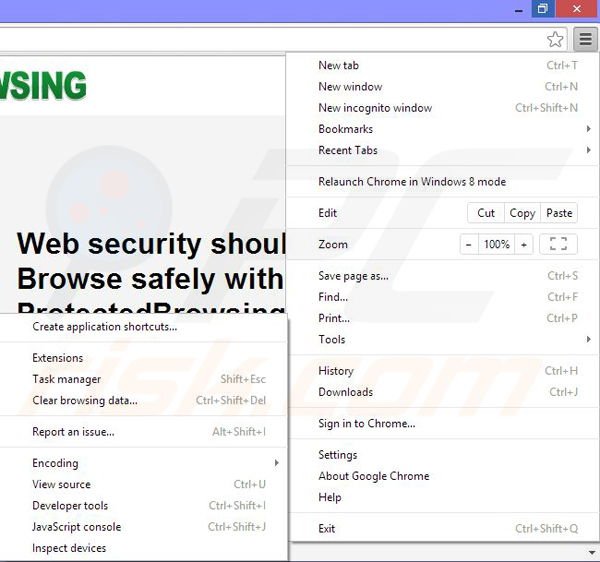 Removing ProtectedBrowsing ads from Google Chrome step 1