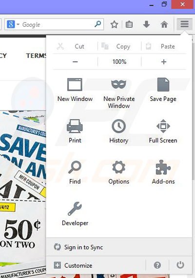 Removing Save Keep ads from Mozilla Firefox step 1