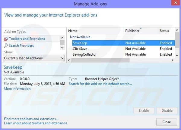 Removing Save Keep ads from Internet Explorer step 2