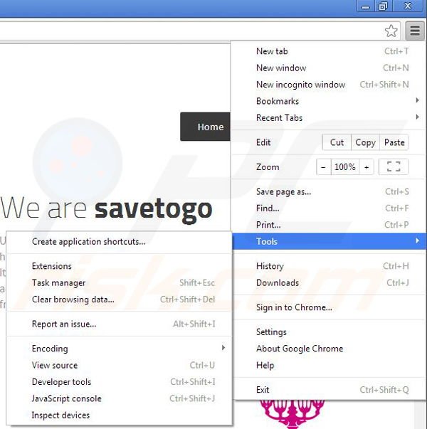 Removing SaveTogo ads from Google Chrome step 1
