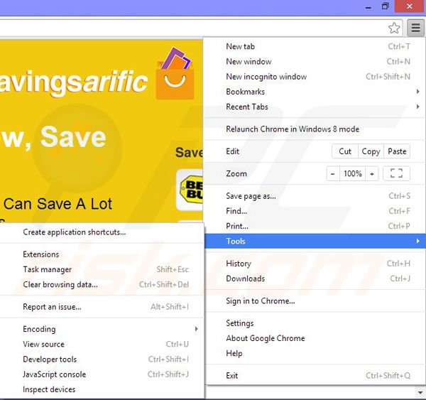 Removing Savingsarific ads from Google Chrome step 1