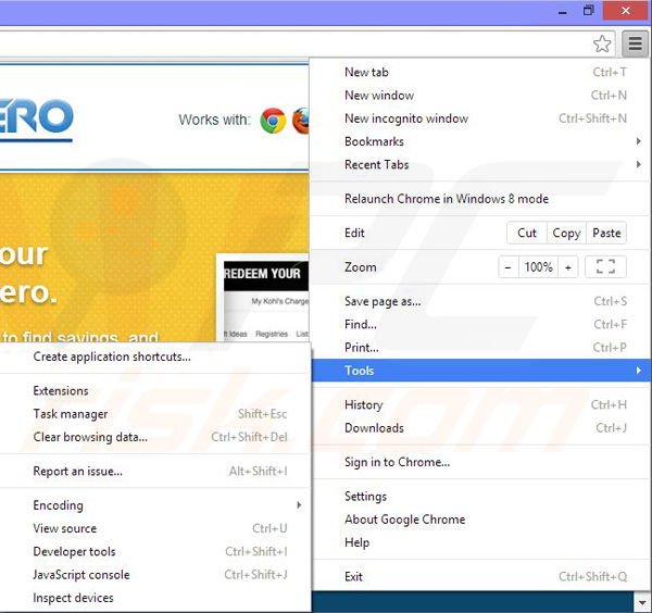 Removing Savings-Hero ads from Google Chrome step 1