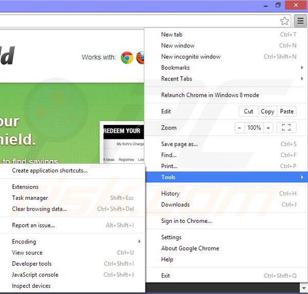 Removing Savings-Shield ads from Google Chrome step 1