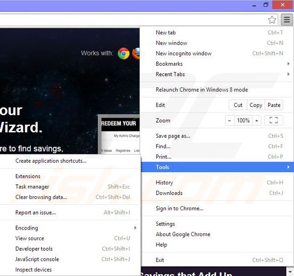 Removing Savings-Wizard ads from Google Chrome step 1