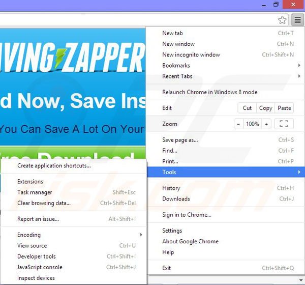 Removing Saving Zapper ads from Google Chrome step 1