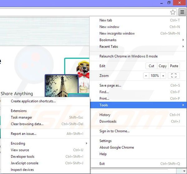 Removing Share Anything from Google Chrome step 1