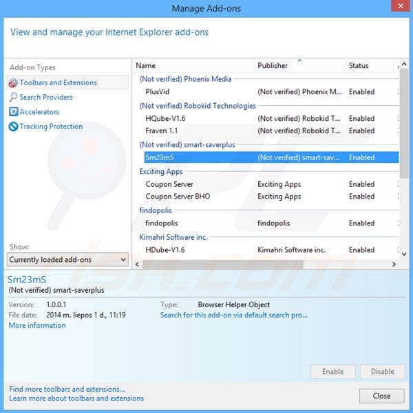 Removing sm23ms ads from Internet Explorer step 2