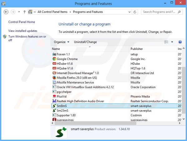 sm8ms adware uninstall via Control Panel