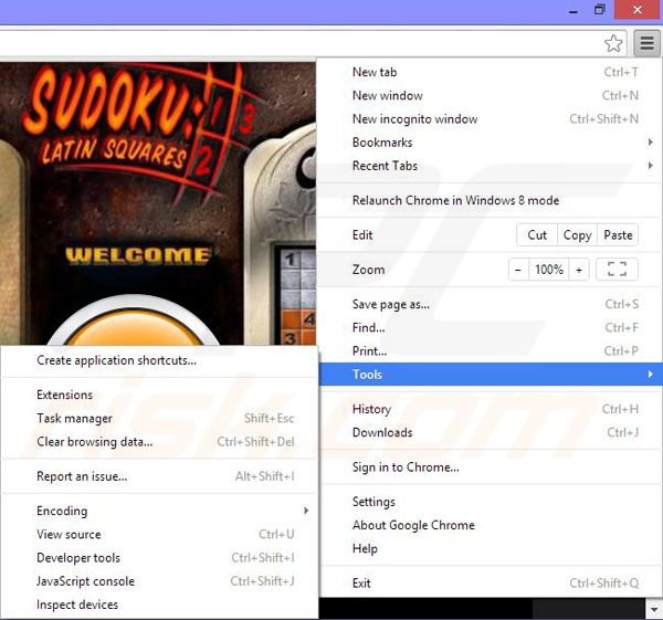 Removing Sudoku from Google Chrome step 1