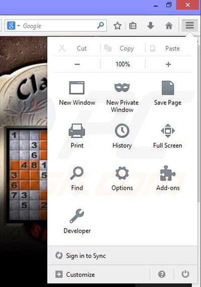 Removing Sudoku from Mozilla Firefox step 1