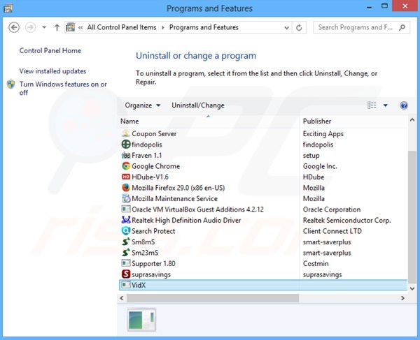 vidx adware uninstall via Control Panel