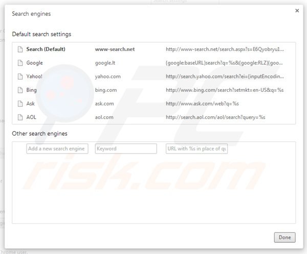 Removing www-search.net from Google Chrome default search engine