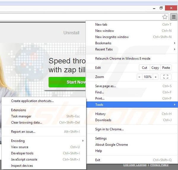 Removing zap tilla from Google Chrome step 1