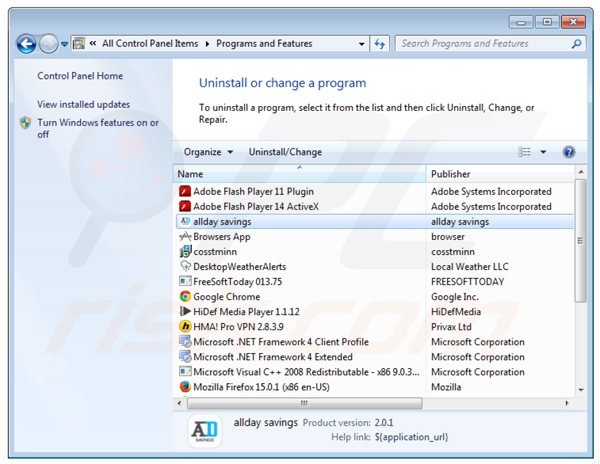alldaysavings adware uninstall via Control Panel