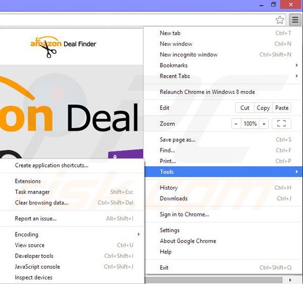 Removing Amazon Deal Finder ads from Google Chrome step 1