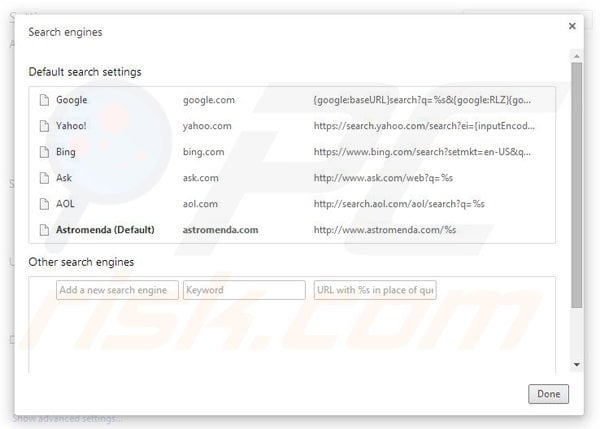 Remove Astromenda browser hijacker from Google Chrome step 4