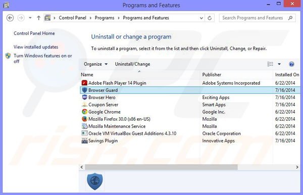 Browser Guard 1 adware uninstall via Control Panel