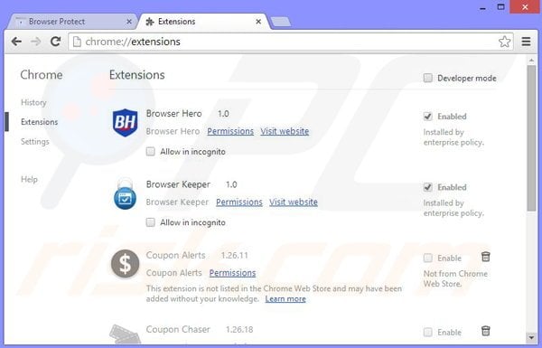 Removing Browser Protect ads from Google Chrome step 2