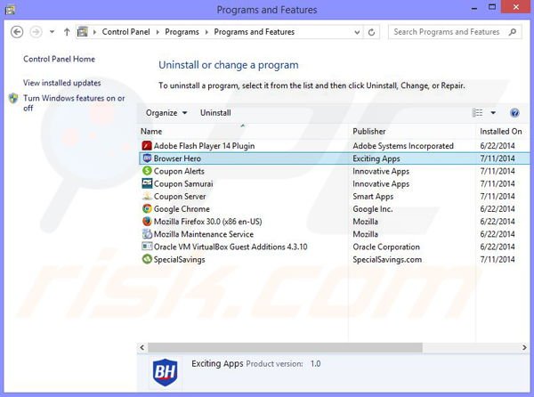 Browser Shield adware uninstall via Control Panel