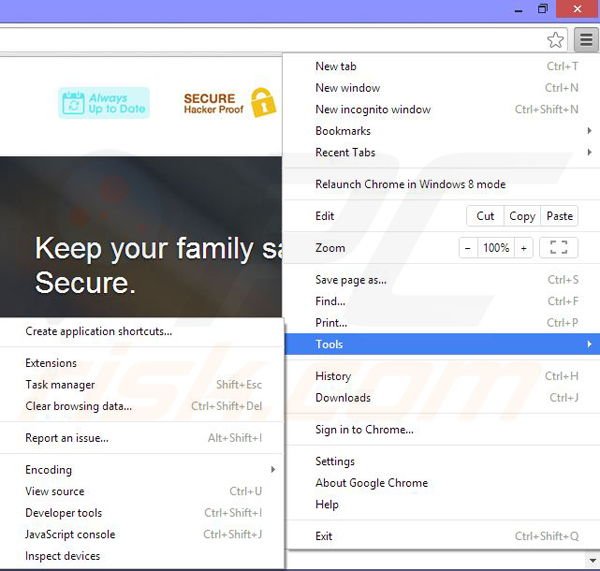 Removing Browse Secure ads from Google Chrome step 1