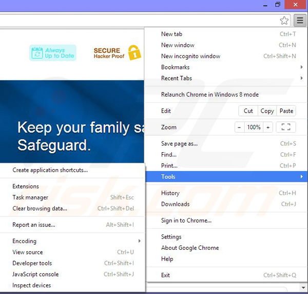 Removing Browsing Safeguard ads from Google Chrome step 1