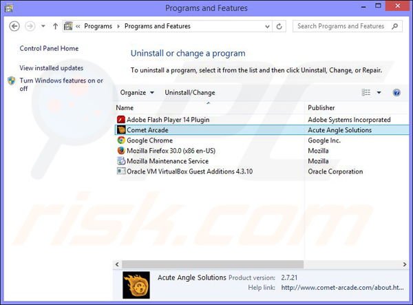 Comet Arcade adware uninstall via Control Panel