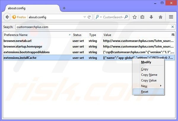Remove CustomSearch+ browser hijacker from Mozilla Firefox step 3