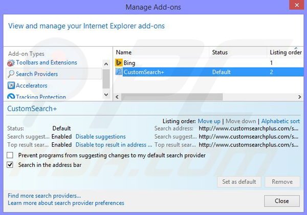 Remove CustomSearch+ browser hijacker from Internet Explorer step 3