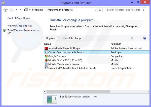 Uninstall CustomSearch+ browser hijacker via control panel