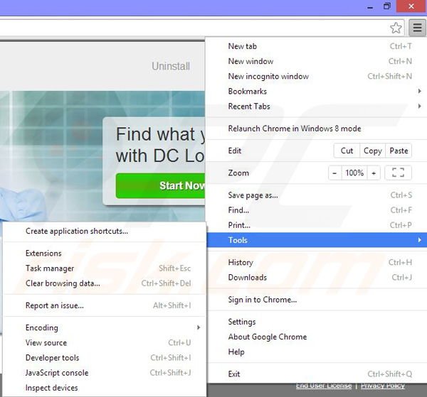 Removing DC Locknet from Google Chrome step 1